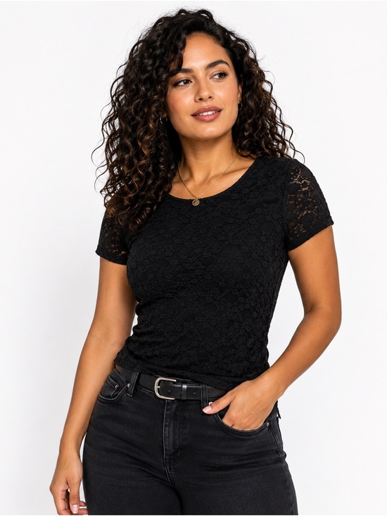 frankee & skylarr Tops - Frankee & Skylarr‎ Black Floral Lace Short Sleeve Top Women’s XL Stretch Knit